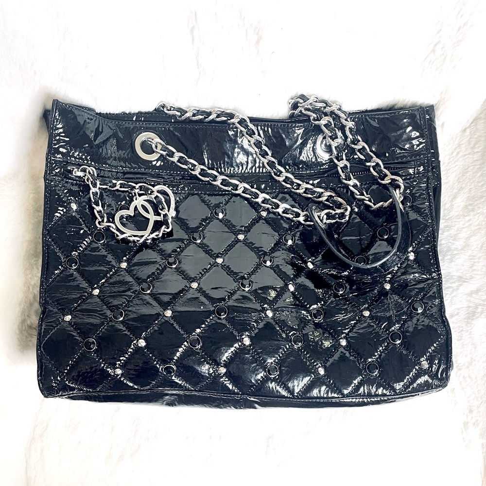 Betsey Johnson 100% Genuine Black Patent Leather Quilted Shoulder Bag